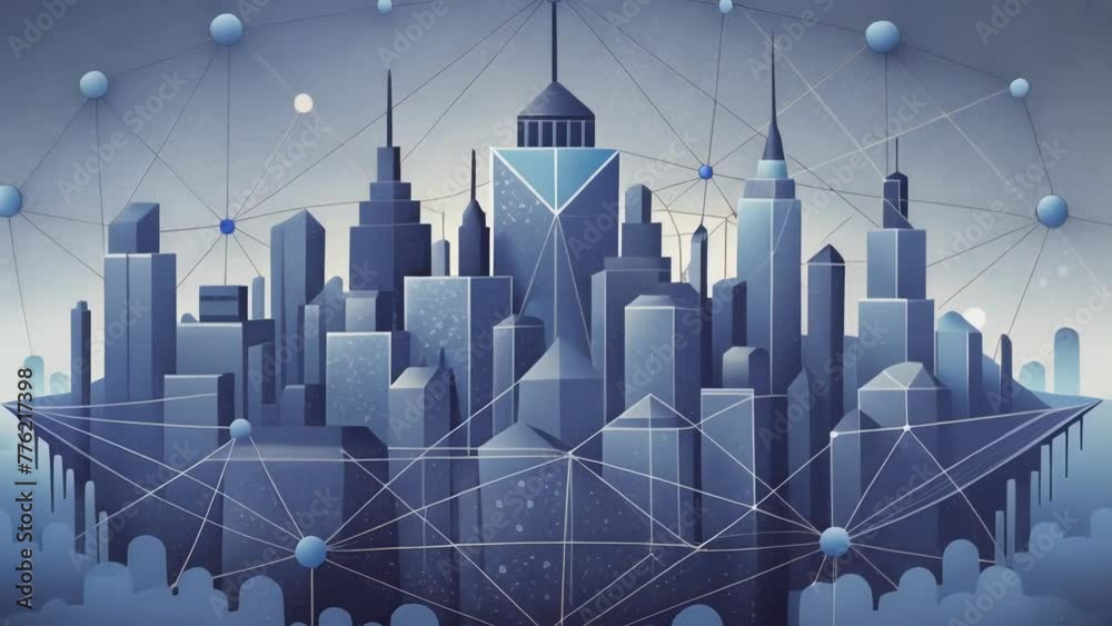 Poster A complex network of interconnected lines and circuits resembling a futuristic city skyline.