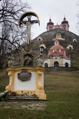 Cross and middle and superior church at baroque calvary built in years 1744 - 1751, Banska Stiavnica, Slovakia