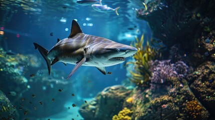 Ocean shark in the underwater blue sea. AI Generated 