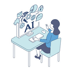isometric illustration ,person working Artificial intelligence AI robot	
