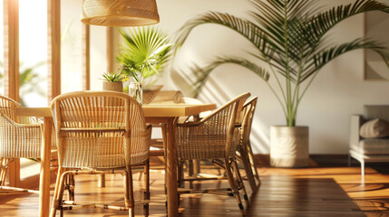 An inviting dining area featuring an Areca palm, a stylish rattan dining set, and a wooden table, creating a harmonious ambiance on a polished wooden floor. 8K.