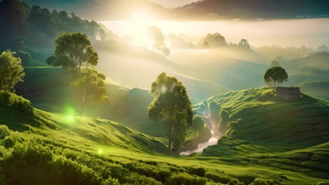 A stunning view of a lush green hillside adorned with numerous trees, offering a picturesque and vibrant landscape, Tea estate slopes in the foggy morning sunrise, AI Generated