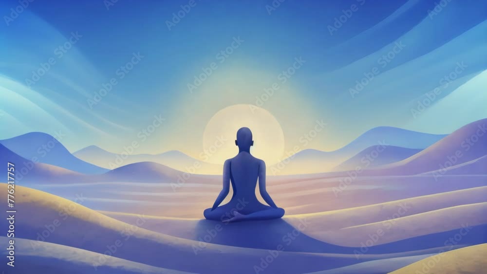 Aufkleber A lone figure in a meditative pose surrounded by open sky and a vast empty landscape.