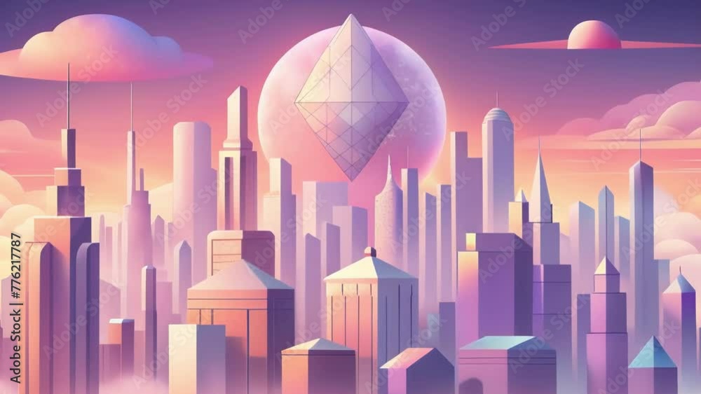 Aufkleber an otherworldly cityscape of geometric skyscrs set against a cotton candy sky and accompanied by a r