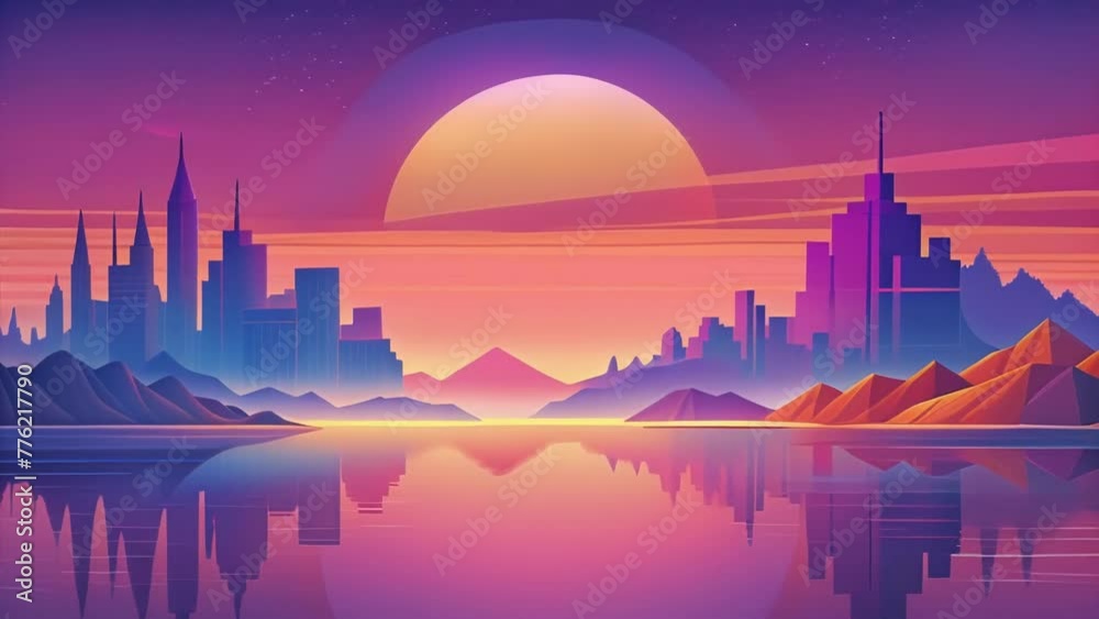 Canvas Prints A technicolor sunset over a tranquil lake reflecting the neon lights and geometric shapes of a distant cityscape.