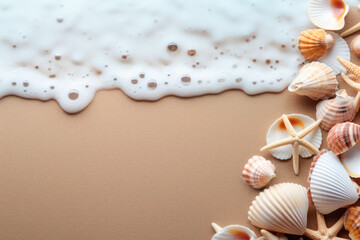 A gentle wave's foam reaches a collection of assorted shells and a starfish on a smooth sandy beach background with copy space.