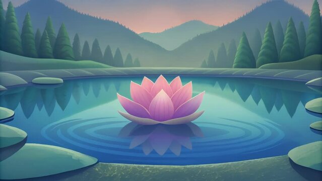 A quiet pond reflecting the image of a lone lotus flower.