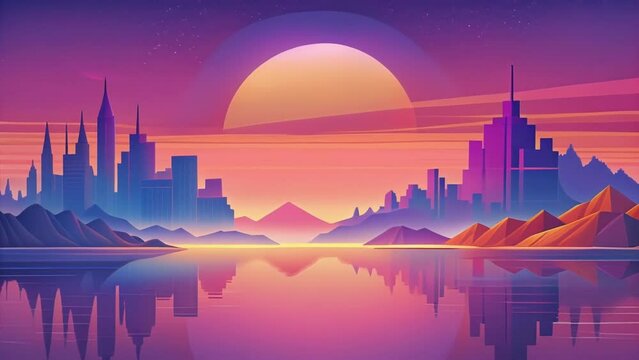 A technicolor sunset over a tranquil lake reflecting the neon lights and geometric shapes of a distant cityscape.
