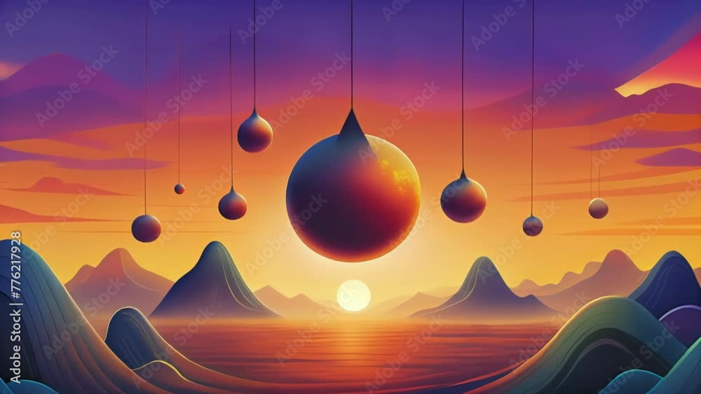 Poster Dynamic fluid shapes suspended in silhouette against a bold multicolored sunset backdrop.