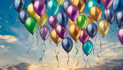 balões coloridos reflexivos voando nos céus, celebração - obrazy, fototapety, plakaty
