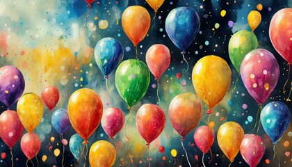 desenho aquarela balões coloridos voando nos céus, celebração - obrazy, fototapety, plakaty