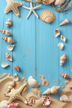 Top View of Blue Wooden Background with Sea Shells