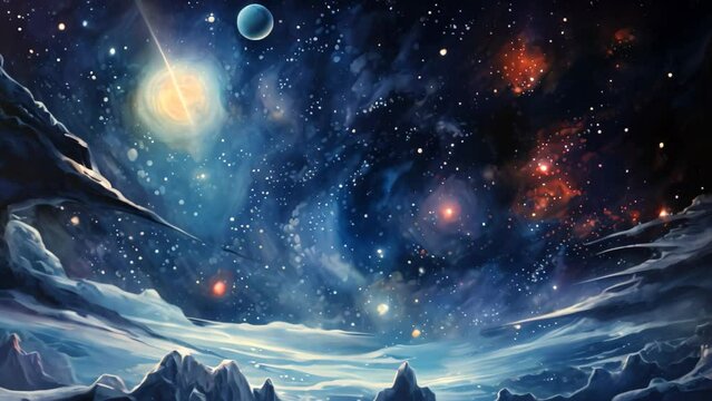 Fantasy space background with planets, stars and galaxies. Elements of this image furnished by NASA, A dreamy galaxy scape with swirling stars and planets, AI Generated
