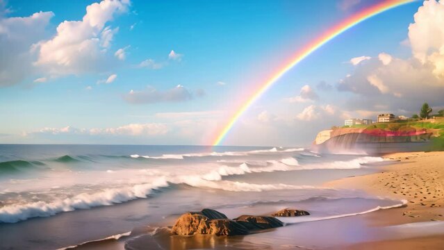 Rainbow over the ocean with rocks on the beach in Bali, A dreamy oceanside with a rainbow on the horizon after a storm, AI Generated
