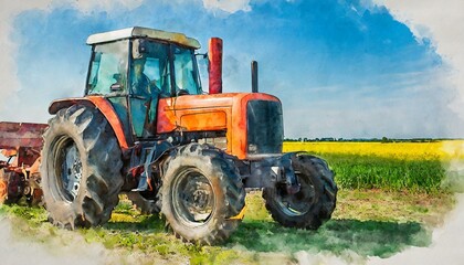 Naklejka premium desenho aquarela trator agrícola na plantação crescimento, agro