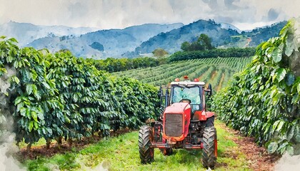 Obraz premium desenho aquarela trator agrícola na plantação crescimento, agro