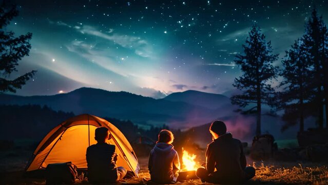 Camping in the mountains at night. Group of friends sitting near bonfire and looking at night sky with stars, A family camping trip under a star-filled sky, AI Generated