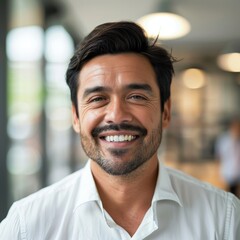 Smiling Hispanic businessman 30-40 years old, active business man in front of his office