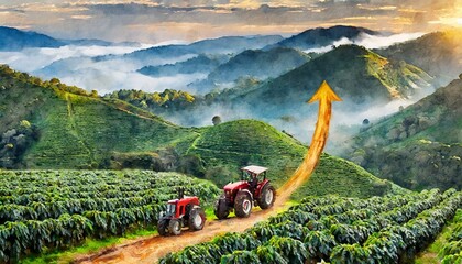 máquinas agrícolas na plantação com seta indicando crescimento, estilo aquarela, agro - obrazy, fototapety, plakaty