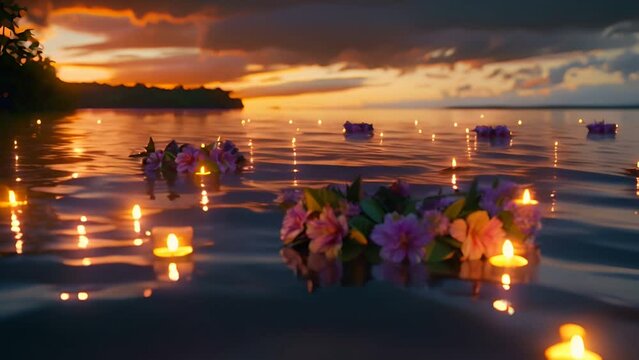 burning candles and flower wreath floating in the water in the lake at sunset in summer. 