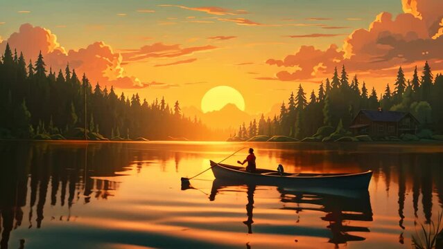 man and woman in boat on the lake in the mountains at sunset, A family fishing trip at a quiet lakeside, AI Generated