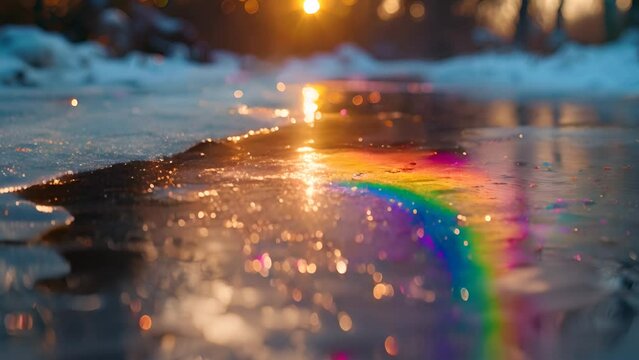 water from a melting snow in spring with a rainbow reflecting in the water. 
