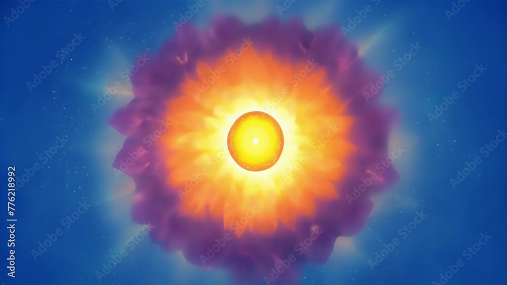 Poster radiating sunlike rays of different hues emanating from a central point forming a mandala that embod