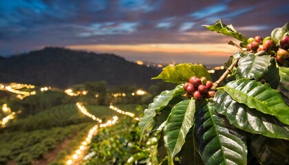 galhos com grãos de café na plantação durante a noite, luzes belas, agro - obrazy, fototapety, plakaty
