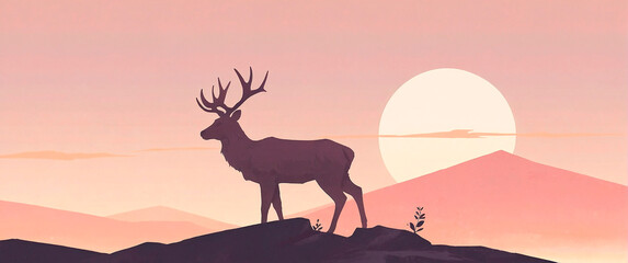 Wide screen landscape with deer and sunset  wallpappers