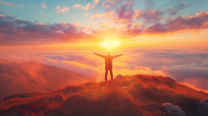 A man stands on a hilltop watching the sunrise, silhouetted against the light of a new day, his hands wide open, embracing hope and possibility