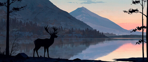 Wide screen landscape with deer and lake wallpappers