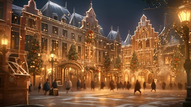 A man walks down the street in a charming Christmas scene, A festive city center decorated for New Year&acirc;&euro;&trade;s Eve celebrations, AI Generated