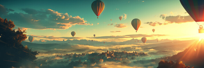 Top view of green landscape and mountain valleys and colorful hot air balloons flying in the sky,...