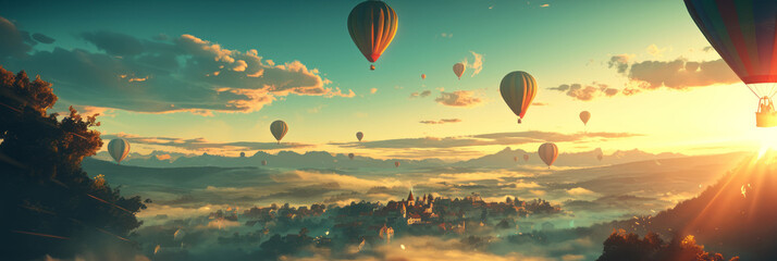 Obraz premium Top view of green landscape and mountain valleys and colorful hot air balloons flying in the sky, banner