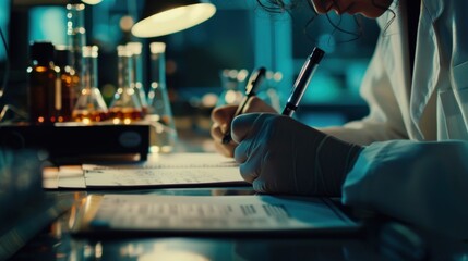 female hand takes notes on paper at laboratory - obrazy, fototapety, plakaty