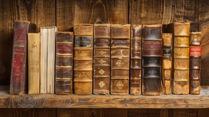 Antique old books on wooden shelf. Vintage literature. AI Generated
