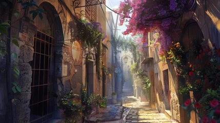 Foto op Canvas A network of narrow alleyways winding through an ancient Mediterranean town, each corner holding a story untold. © sania