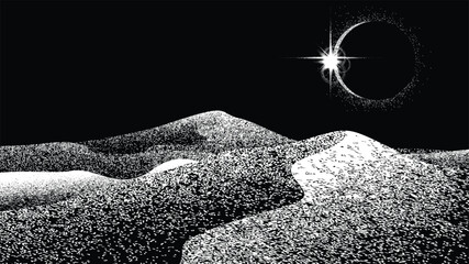 Solar eclipse .Star and moon in space. Futuristic landscape, with noise texture . Night landscape .Vector illustration - obrazy, fototapety, plakaty