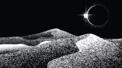 Foto auf Leinwand Solar eclipse .Star and moon in space. Futuristic landscape, with noise texture . Night landscape .Vector illustration © miloje