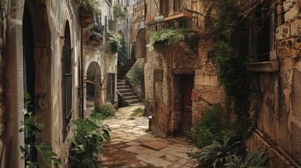 Fototapeta na wymiar A network of narrow alleyways winding through an ancient Mediterranean town, each corner holding a story untold.