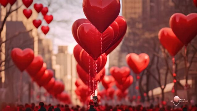 A delightful scene of red heart balloons filling the sky, creating a joyful atmosphere of love and affection, A festive Valentine's parade filled with heart balloons, AI Generated
