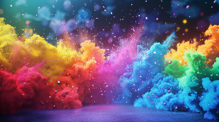 A high-energy 3D vector scene of powder paint bombs colliding mid-air, splashing a rainbow of colors across the background