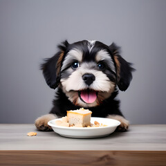 cute dog happy face with food on grey background 