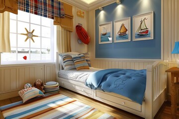 Boy's room, room for a little boy with toys, bed and table in blue colors