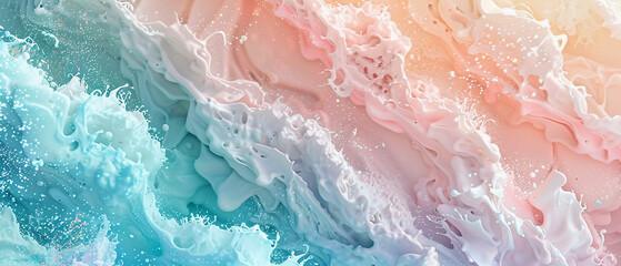 Illustration of a gentle cascade of powder paint, mimicking a waterfall, in a palette of calming pastel colors - obrazy, fototapety, plakaty