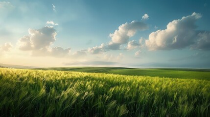 A peaceful countryside scene, where fields of green stretch to meet the endless expanse of the sky, a timeless portrait of rural tranquility. - obrazy, fototapety, plakaty