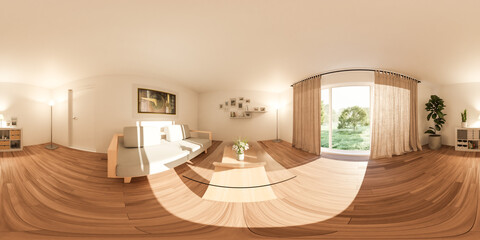 A spacious living room with furniture and wooden floor 360 panorama vr environment map