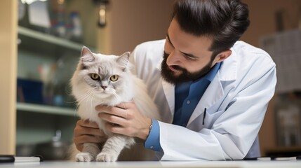 Veterinarian Examining a Fluffy Cat