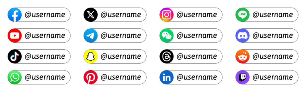 Follow us banners with usernames. Popular social networks and messengers. Instagram, Facebook, WhatsApp, TikTok, Telegram, YouTube, Threads, Discord, Twitch icons