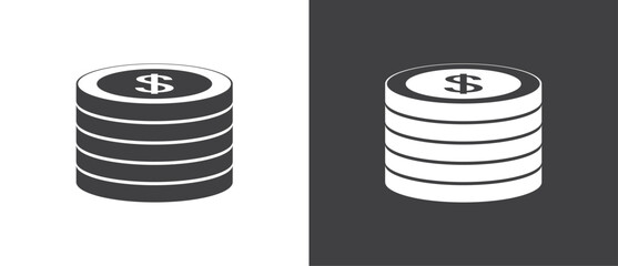 Stack of dollars coins. Money flat icon vector illustration of digital coins. Collection of payment coin icons. Coin and currency signs and symbols on black and white background. - obrazy, fototapety, plakaty